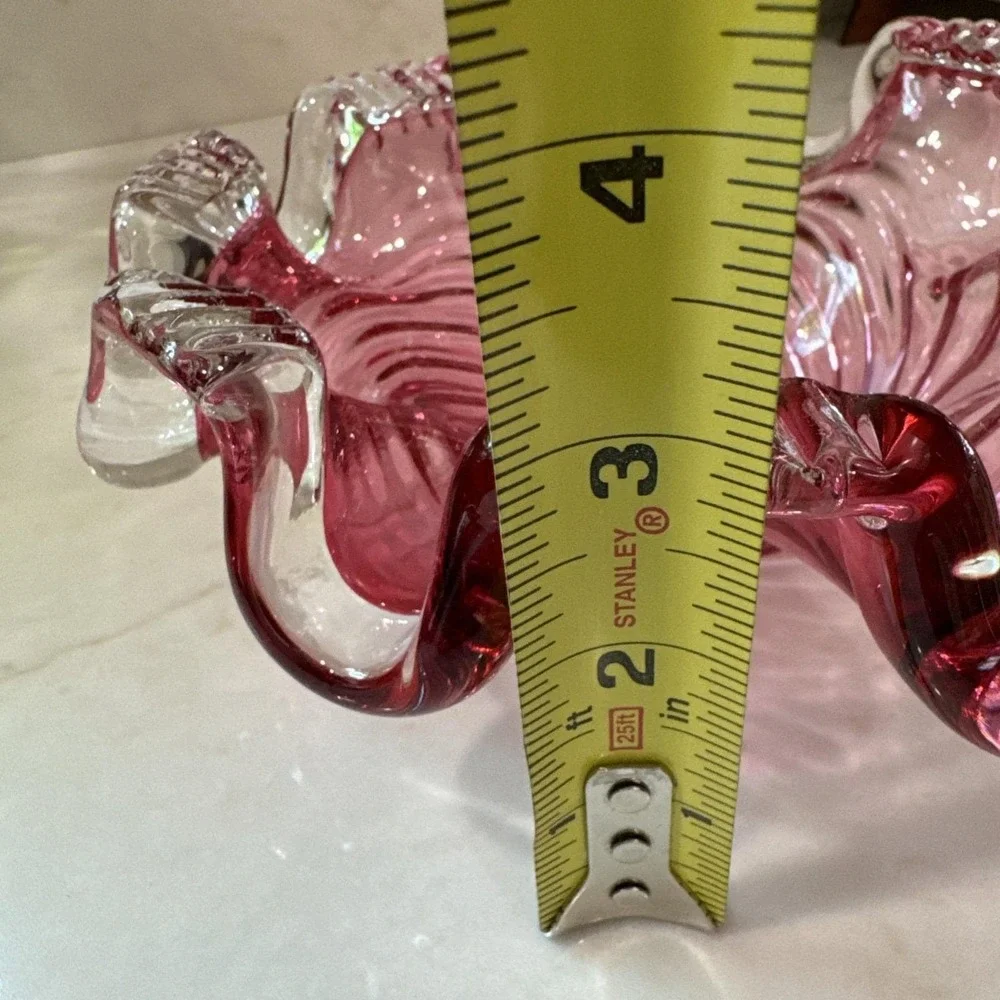 Chalet Canada Hand Made Candy Dish bowl Cranberry Swirl etched Vintage unmarked